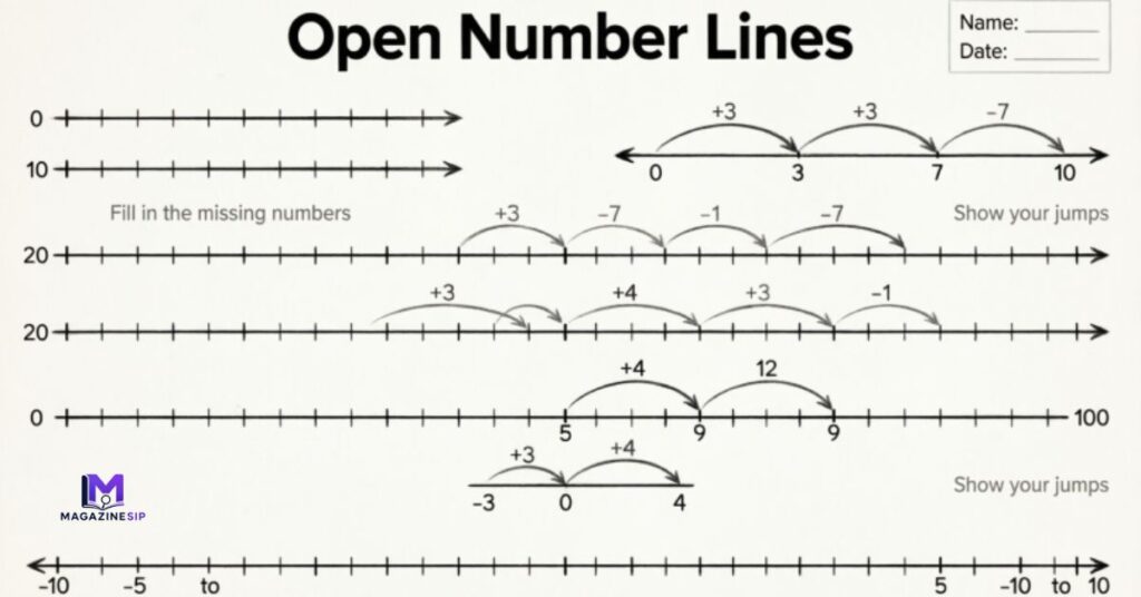 Open number lines in mathematics worksheets